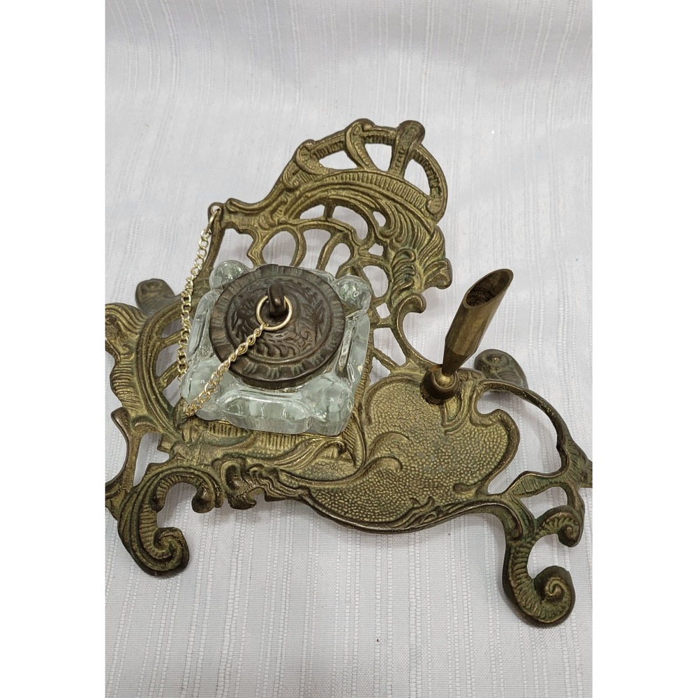 Vintage Ornate Brass Inkwell Stand with Glass Well and Pen Holder Victorian